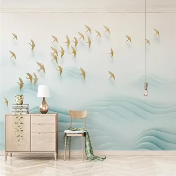 Pássaro dourado elegante e minimalista em 3d sofá do quarto de TV na parede do fundo de produção profissional mural personalizado com foto de papel de parede