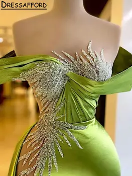 Sage Verde Cristal Beading Dubai Vestido De Noite Sereia Fora Do Ombro Ilusão Divisão Alta Arábia Árabe Vestido Festa Formal