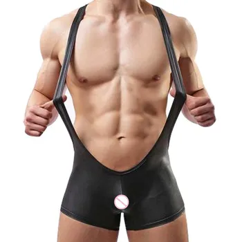 Sexy de Camisola Homens Bodysuit Respirável Macacões de Couro de Patente Luta dos Homens Singlet Suspensórios Bodysuits
