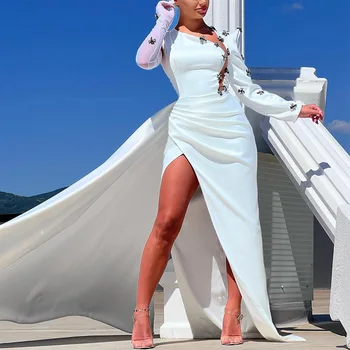 Sexy Vestido de Noite de Cetim Branco 2022 Cristal Sereia Vestido de Noite para Mulheres do Lado de Divisão Drapeado Manga Longa Vestido de Festa Personalizada Fazer
