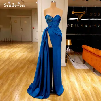 Smileven Azul Royal Rendas Vestidos De Baile Sweetheart Decote De Vestidos De Noite Do Lado De Divisão Da Arábia Saudita Simples Vestido De Festa De Casamento 2023