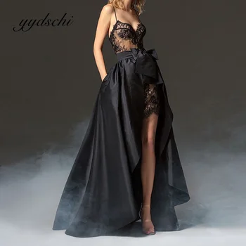 Spaghetti Strap Black Lace Vestido de Baile Sexy V-Neck Cetim Dividir A Linha de Piso Comprimento Slim Arco Ilusão de Vestidos para Mulheres 2023