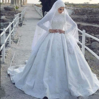 Sutil Hijab Muçulmano Vestidos De Noiva Com Mangas Longas De Renda Appliqued De Cetim Islâmica Vestidos De Noiva
