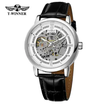T-VENCEDOR de moda casual dos homens relógios de luxo criativo projeto oco mostrador branco pulseira de couro preto relógio mecânico automático