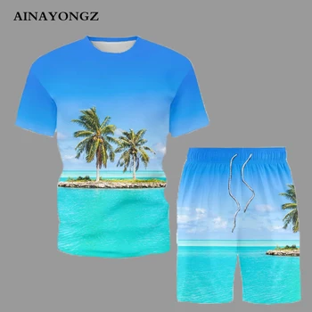 Tendência do verão os Homens Conjuntos de Praia Casual Shorts Roupa coqueiro Vista para o Mar Impressos em 3D Curto Terno Comum O-T-Shirt com Decote 2 peças de Conjunto