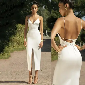 TIXLEAR Simples de Cetim Vestidos de Noiva Curto sem Mangas Traseira Aberta de Meados de Bezerro V Decote de Vestidos de Noiva Na Venda Para as Mulheres 2022