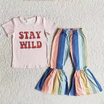 venda quente de criança de meninas com roupas de manga curta letras de padrão de listra colorida boca-de-sino, calças de crianças roupas de alta qualidade