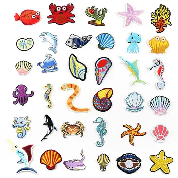 Venda Quente nova Bordado Pano de Adesivos de Animais dos desenhos animados de frutos do mar Peixes Shell de Adesivos Autocolantes para Crianças de Bagagem Acessórios
