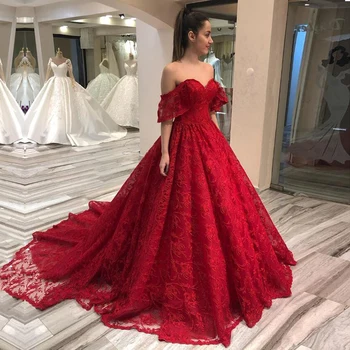 Vermelho de Vestido de Baile, fora o Ombro Renda Bola Vestido de Noite Vestidos de Festa para Casamento 2020 Formal Graduação Vestido Vestido De Festa