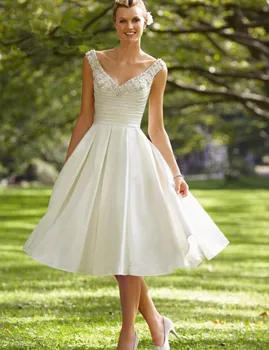 Vestido de Noiva Curto Modesto Marfim Curto Joelho de Comprimento Frisados de Cristal de Cetim de Decote em V de Volta Casamento vestido de noiva vestidos de dama de honra