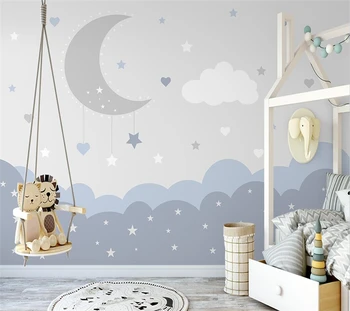 welyu 3d Personalizado Nórdicos pintados à mão minimalista, lua, céu estrelado papéis de parede quarto infantil interior do jardim de infância de TV na parede do fundo