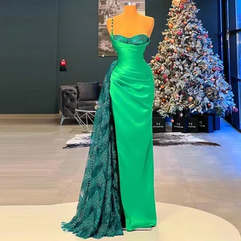 Xijun De Cetim Verde Sereia Vestidos De Baile Beading Apliques De Renda Bordado Plissado Ruched Vestido De Festa De Casamento Vestido De 2022