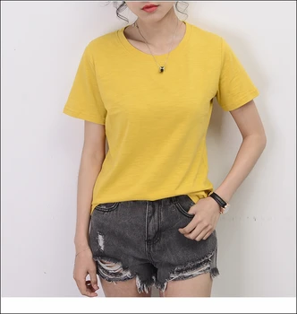 Zuolunouba 2018 Verão de Novo Tops amarelo Harajuku T-shirt das Mulheres Casual Curto Sólido da V-garganta do algodão tees Feminino Funny T-Shirts senhora
