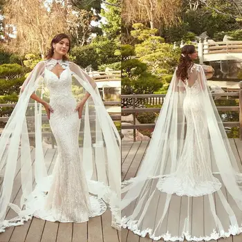 2021 Vestidos de Noiva com um Envoltório Sexy Decote em V Apliques de Renda Sereia Vestidos de Noiva Personalizados Feitos sem encosto Sweep Trem Vestido de Noiva