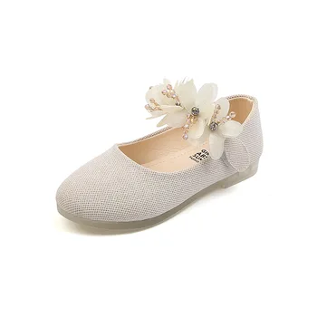 2022 Novo Sólido Meninas Strass Flor Flats Crianças Sapatos Coreano Sapatos De Couro Meninas De Dança Sapatos Princesa Doce De Casamento