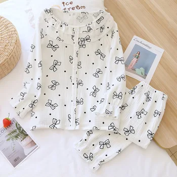 2022 Pijamas de Algodão coreano Pijamas para Mulheres de Verão Pijamas Arco-nó de Impressão Pijamas Feminino Definir Mulher 2 Pedaço Bonito Loungewear