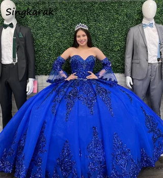 Brilhante Azul Royal Vestido De Baile Vestidos De Quinceanera 2022 Apliques De Lantejoulas Sweet 16 Vestido De Festa De Aniversário De Vestidos De 15 Anos