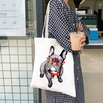 Bulldog Francês Saco De Senhoras Bolsas De Pano, Sacolas De Lona Amante Do Cão Saco De Compras De Viagens Mulheres Eco Reutilizáveis Ombro Shopper Bags