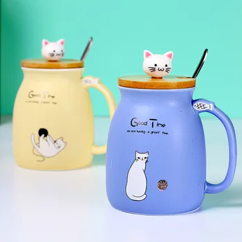 Cores criativas gato resistente ao calor Caneca de desenhos animados com tampa 450ml copa do gatinho de café canecas de cerâmica crianças copa do office Copos de presente