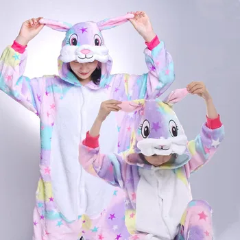 Família Kigurumi Pijama arco-íris Coelho Estrelas Animal Onesie Cosplay Traje de Pijamas Para Crianças e Adultos