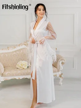 Fitshinling Mulheres Camisola Pena Sólido Cinto de Malha de Manga Longa Casual Branco de Verão as Mulheres da Casa, Vestido de Roupas Loungewear 2022