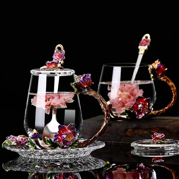 Flor vermelha Esmalte de vidro, canecas de chá, canecas Artesanais resistente ao calor óculos Copo de água copos de amante de dom Tarde xícara (chá)