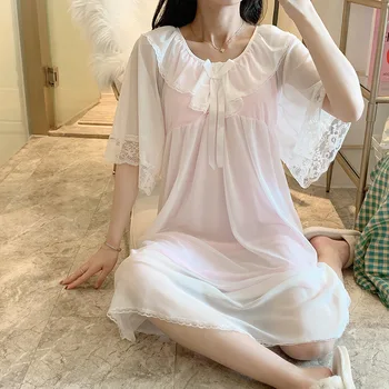 Hanxiuju Vintage Branca, cor-de-Rosa das Mulheres Longas Camisolas com Peito Acolchoado Japonês Doce Princesa Pijamas Nightdress Negligee