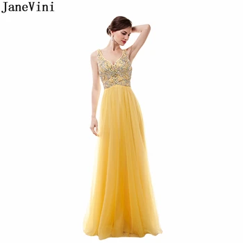 JaneVini 2018 Ouro Plus Size Vestidos de Dama de honra para as Mulheres Tulle Decote em V com Beading Sexy Uma Linha de Piso Comprimento Formal Vestidos de Baile