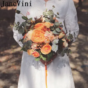 JaneVini 2019 Laranja Casamento De Flores, Bouquets De Noiva Artificial Rosa Articielle De Dama De Honra Buquê De Flores De Peônia Buquê Da Sposa