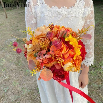 JaneVini Vintage Outono Artificial Buquê de Flores de Laranja Noiva Segurando Flores de Seda Buquê de Noiva para o Casamento de Rosa Bukiet 2022