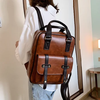 mochila feminina anti roubo escola sacos impermeáveis de viagens vintage laptop de couro marrom grande mochila mulheres designer coreano