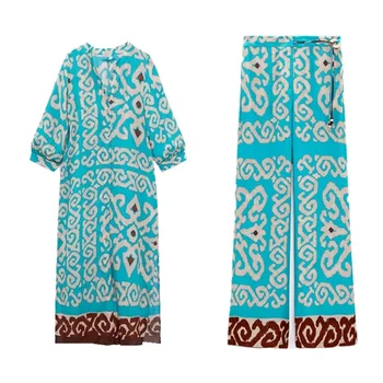 Mulheres de Outono Retro Blue Print Pijama Conjunto de Temperamento V-pescoço Túnica Midi Vestido + cinto de segurança de Cintura Alta em linha Reta Armar Calças de Terno