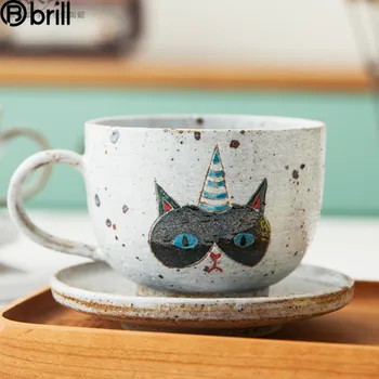 Mão criativa de Cerâmica Pintada Gato da Xícara de Café Japonês Cerâmica Chávenas de Expresso Xícara de Porcelana de Xícara e Pires Conjunto Vintage Tazas