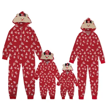 Natal da Família Bodysuit Cabeça de Cervo Cartoon Bordado com Capuz Pijama 7 Padrões de Lazer Zíper Pai-filho em Casa Conjuntos de Vestuário