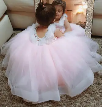 Pérolas de Vestidos da Menina de Flor sem encosto Princesa Vestido de Tule Menina Concurso de Vestidos de Casamento, Primeira Comunhão, Vestidos para Crianças
