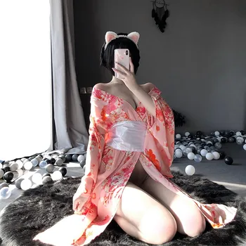 Sexy-De-Rosa Imprimir Flor Quimono Japonês Roupão Vestido De Pijamas Yukata Ingerie Primavera Verão Longa Camisola Casa De Vestir Vestido
