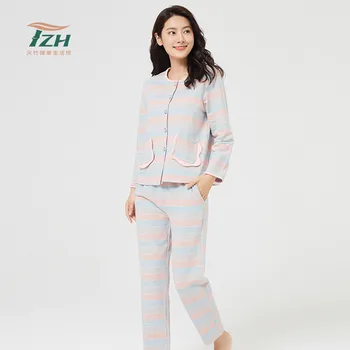 Tianzhu Marca Senhoras Terno Homewear Outono e Inverno Fibra de Bambu e Algodão Misturado Bonito Colorido Pijama Listrado