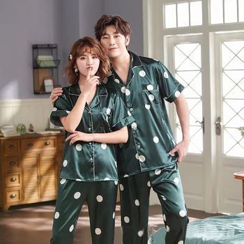 Verão de Novo Par de Pijamas de Seda do Gelo Seda de mangas Curtas com Bolinhas de Seção Fina Verde Casual Home de Serviço de roupa de Duas peças
