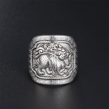 Vintage China QI LIN Anéis de Animais Míticos Auspicioso Besta Anéis Boa Sorte Cor de Prata, Anéis de Homens, Mulheres Jóias
